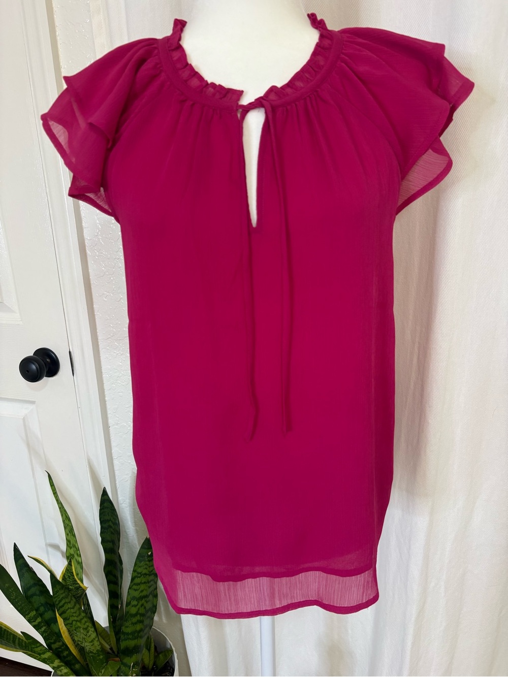 Ann Taylor Fuchsia Tie-Neck Flutter Sleeve Blouse